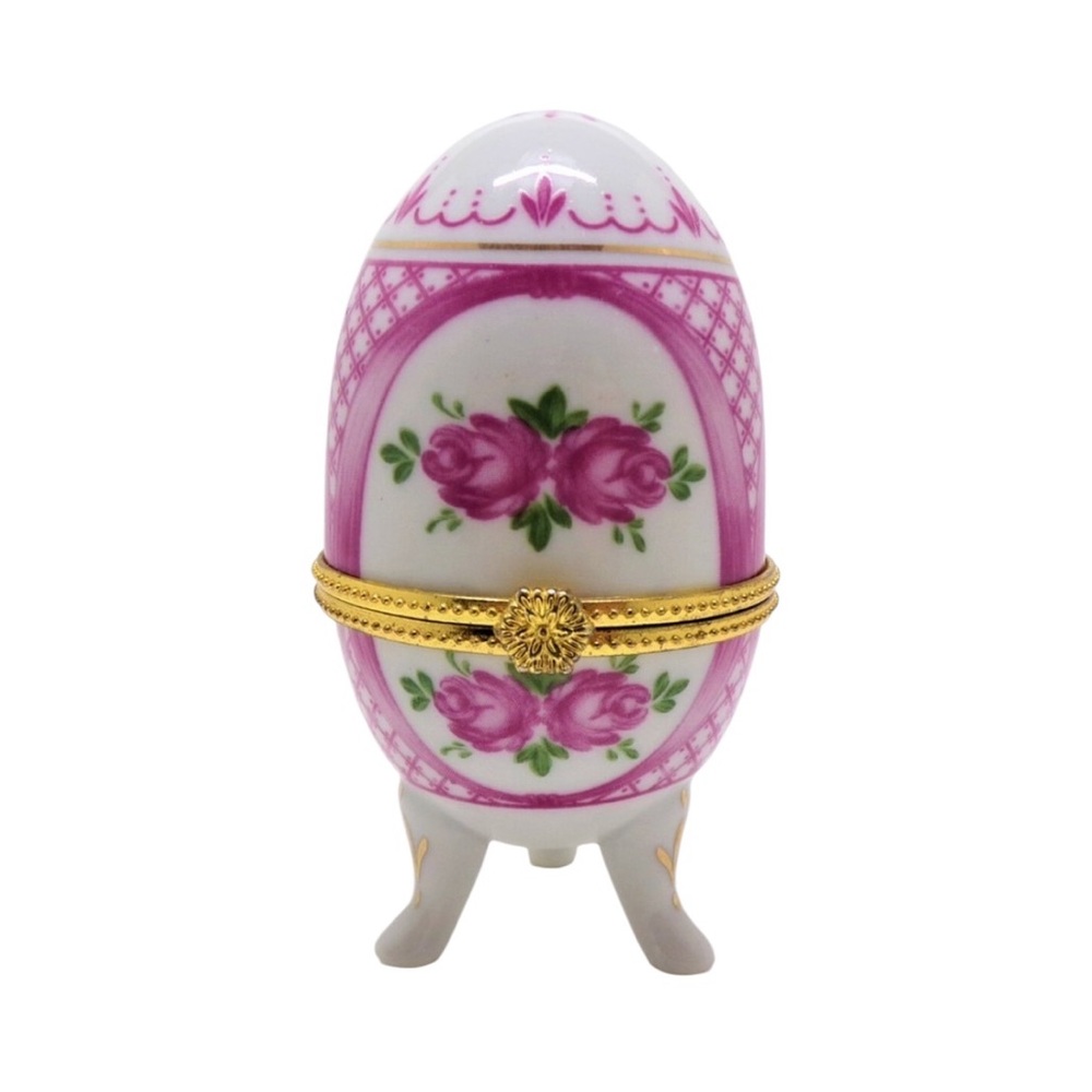 Vintage Faberge Porcelain Egg Trinket Box With Floral Design